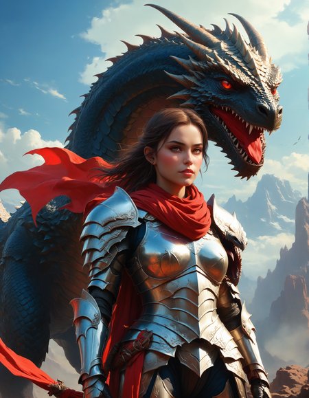 a beautiful female knight standing next to a giant dragon, by Slawomir Maniak, fantasy art, detailed armor with a red scarf, berserk art style, by Frank Frazetta and Sakimichan, Wojtek Fus, jormungand anime, silver, Alena Aenami and Android Jones, fantasy painterly style, looking at viewer, dynamic pose, (intricate details, masterpiece, best quality:1.4)
<lora:add-detail-xl:0.5> <lora:xl_more_art-full_v1:0.5> <lora:looking_at_viewer:2>