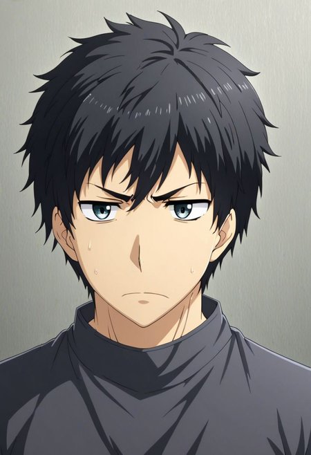 high resolution, solo, best quality, 1Boy, Arata Kaizaki, Black Hair, portrait, looking at viewer, focused gaze forward, upper body, head upright, anger, OverallDetail