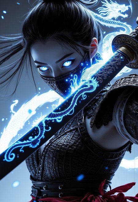 An upper body cinematic shot from below of a female samurai, with pale white skin, wearing a mouth mask, black hair flowing through the wind, mixed with a falling of petals. Her eyes are white and glowing with energy, while wielding a sword with a black glowing chinese dragon swirling around the blade, with intricate white detailing, showing an epic dark but mysterious scenery, Dragon Samurai. <lora:ElementalDragonSamuraiFlux-000001:0.85>