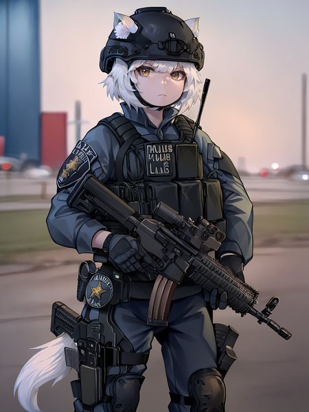 score_9, score_8_up, score_7_up, score_6_up, score_5_up,  <lora:tacticalclothesXLP:1> 1girl, weapon, gun, animal ears, bulletproof vest, gloves, tail, tactical clothes, ears through headwear, photo background, solo, holstered weapon, helmet, blurry background, holster, rifle, assault rifle, holding, holding weapon, thigh holster, pants, white hair, military, military helmet, animal ear fluff, holding gun, knee pads, police, jacket