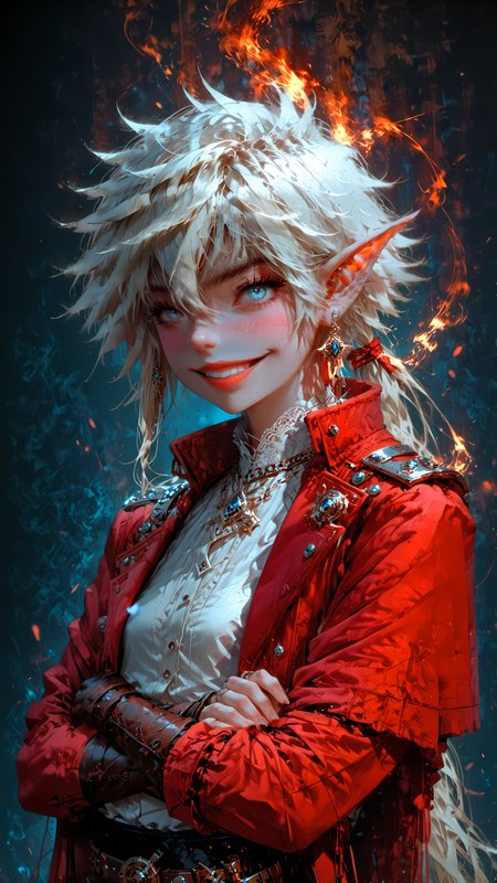 core_9, score_8_up, score_7_up, rating_safe, rating_safe, high res image, masterpiece, best quality, photo-enhanced, max detail, 4k wallpaper, masterpiece, highres, dynamic scene, volumetric,
1girl, Alisaie Leveilleur, ff14, white hair, long ponytail, small breasts, portrait, parted lips, puckered lips, pointed ears, white dress shirt, lace, leather belt, shorts, red coat, crossed arms, 
shorts, smile, focus on face, 
<lora:Expressive_H:1> <lora:Fant5yP0ny:1> <lora:Vixons Pomy Styles Gothic Neon:.45> <lora:HKStyle_V3:1>  <lora:Flash_Glowing_Runes_SDXL:1>  <lora:disgusted_face_xl_goofy:1>
