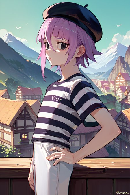 score_9, score_8_up, score_7_up, score_6_up, source_anime, solo,  <lora:crona-pdxl-nvwls-v1-000005:1> crona, purple hair, short hair, black eyes, black and white striped t-shirt, black beret, white pants, hand on hip, from side, looking at you, village, mountain, countryside