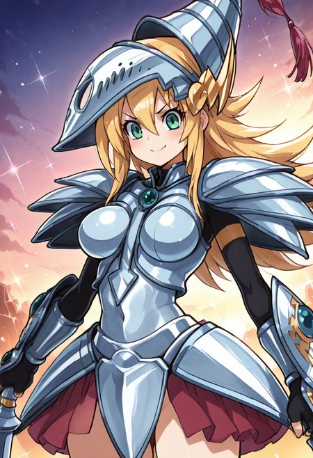 (masterpiece, best quality, good quality, very aesthetic, absurdres, newest:1.2), (curvy, medium breasts),  zzDMGDragonKnight, green eyes, long hair, blonde hair, hair between eyes, armor, helmet,  , <lora:DarkMagicianGirlDragonKnight_NAI:1.0>,, smile, looking at viewer, cowboy shot,  <lora:HaradaTakehito_NAI:0.8>, <lora:ZankuroStyle_NAI:0.5>,