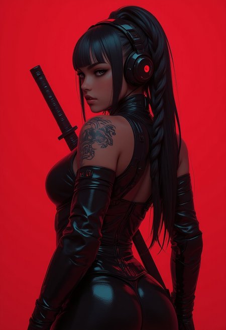 black and white and red action shot a beautiful black ninja girl with a black mask and skinny suit like cat woman, two swords on her back, photorealistic beautiful face, mixed media photography, black long hair with bangs and braids and a hair band, Tattoos, dark white and cyan, cinematic lighting, strong black lines, photo-realistic techniques, realistic digital drawing, in stunning digital paint, gorgeous digital painting, deep shadows, photo-realistic eyes, photo-realistic skin, photo Mario Testino, detailed facial feature, rtx, Uhd, expressive character designs, adventurecore, Nikon dslr, digital airbrushing, utilizing vray tracing for extraordinary realism, unreal engine 5, high resolution