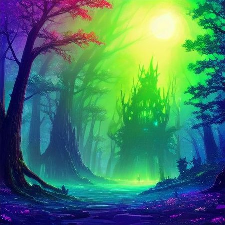 A beautiful fantasy Spring forest landscape with mythical creatures. The atmosphere is mystic and mysterious.