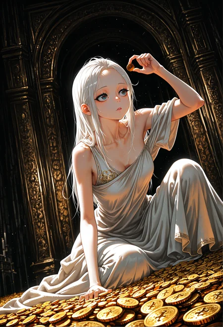  jh-illu, agm-illu, masterpiece, best quality, good quality, newest, highres, cinematic, volume light, dutch angle, limited pallete, 1girl, white greek clothes, hold coin at head, sit at side, hair side, forehead, treasury background, gold coins, 