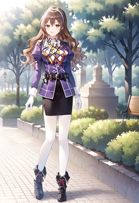 full body, standing, park,   <lora:KC_03HC_ashigara_pony:1> ashigarakc, brown_hair, long hair, wavy hair, headband, brown eyes, medium breasts,         ashigarakaikc, purple jacket, military uniform,  long sleeves, neckerchief, white gloves, black belt, black skirt, pencil skirt, white pantyhose, black boots, score_9,score_8_up, score_7_up, source_anime, masterpiece, best quality,  official art, official style, game cg, megami magazine, rating_safe, rating_questionable, <lora:Fixhands_anime_bdsqlsz_V1:0.75>, NEGATIVE_HANDS