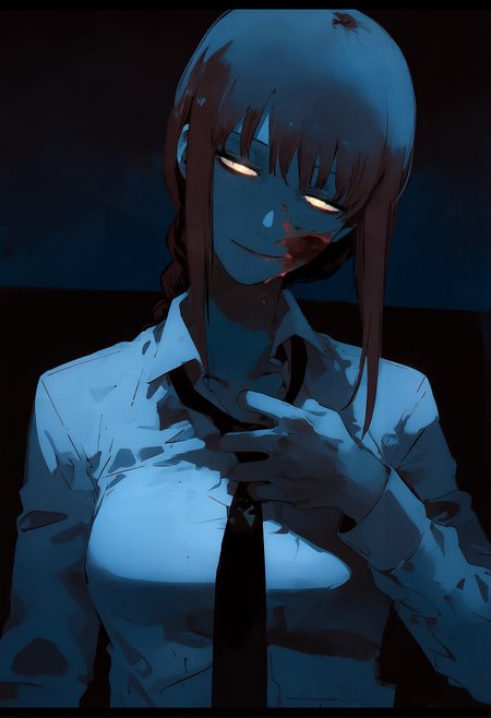 (by j.k.:1.1), by kukka, by keihh,  (cinematic:1.3), blue filter, photorealistic, letterboxed, 
1girl,  makima \(chainsaw man\), head tilt, smeared blood, blood on face, hand on own face, blood theme, violent theme, half-closed eyes, bored, glowing eyes, loose necktie, light smile, yandere, maniac, adjusting necktie, 
dark theme, black theme,
masterpiece, best quality, amazing quality, very aesthetic,
<lora:nhl-004:0.75> nhl-004, <lora:nhl-001-20:0.33> nhl-001,