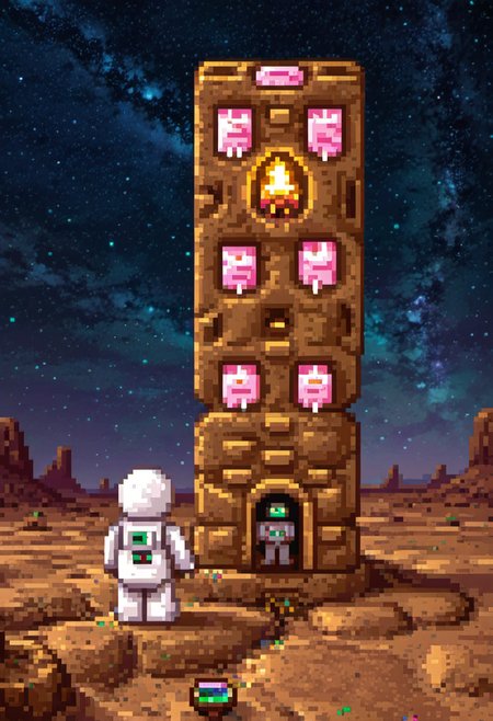 pixel art, digital art, A towering marshmallow monolith stands in the middle of an arid desert, its surface glowing faintly under a starry sky made of edible glitter. Pilgrims made of gingerbread kneel before it in reverence. Inspired by Stanley Kubrickâs "2001: A Space Odyssey, " this hyperrealistic yet surreal scene humorously critiques humanityâs search for meaning in absurdity.