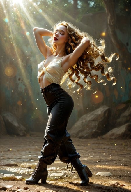 sexy dancing 24yr old girl, suggestive dance, (arched back, hands over head:1.4), flirty expression, artistic textured background, haloed lighting, bokeh (shortstack:0.6), light flare, score_9, score_8_up, score_7_up, solo, sexy girl,
(long blond hair, wavy hair, hair flying:1.4), lowleg, lowleg_pants, pale skin, perky breasts, medium breasts, natural breasts, bright lipstick, teasing, sultry, parted lips, seductive look, cleavage,  (erect nipples, puffy nipples:0.9), perfecteyes, beautiful legs, full hips, low black boots,
1dk, D4NC3RS, cowboy shot