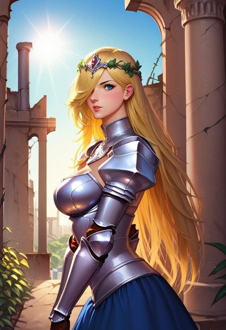 Beauty young clean face, side view, Highly detailed, looking at viewer, from the front 1 girl, illustration, Skinny, masterpiece quality, best quality, realistic drawing, anime style by Sam Yang,
Sharp, highly detailed 2D illustration,
Hyperrealism, soft light, sharp features.
Character Details:  very long blonde hair, hair over one eye, big natural breasts, 
knight, silver plate armor, armored dress, juliet sleeves, blue skirt, ruffled skirt, silver circlet, belts, BREAK
standing, facing viewer, looking at viewer, indifferent expression, 
BREAK
Dynamic action pose, ((fully clothed))
Background: (detailed background, day, sunlight, white light, shadow, outside, castle, ruins, columns, ivy, volumetric lighting,:1.9)
score_9, score_8_up, score_7_up, score_6_up, source_cartoon, rating_explicit, Expressive, (((((upper body))))), dynamic pose
https://civitai.com/user/lllATATEJlb