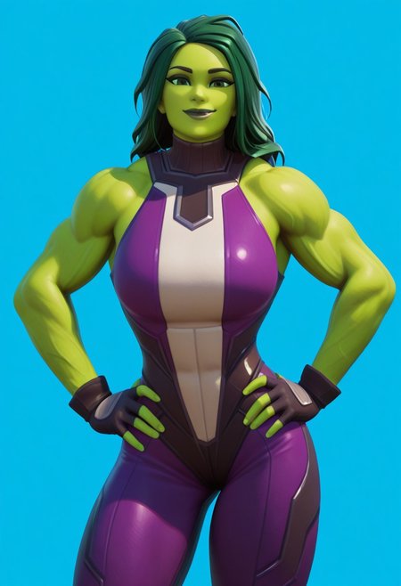 Blue background, simple background, solid color background, 2d, 1girl, solo, Marvel, Fortnite, SheHulk, muscular female, toned female, colored skin, green skin, green-skinned female, green eyes, green hair, long hair, sleeveless, bodysuit, fingerless gloves, Upper body, front view, hands on hips, looking at viewer, smug expression, smirk, green lips, big breasts, thick thighs