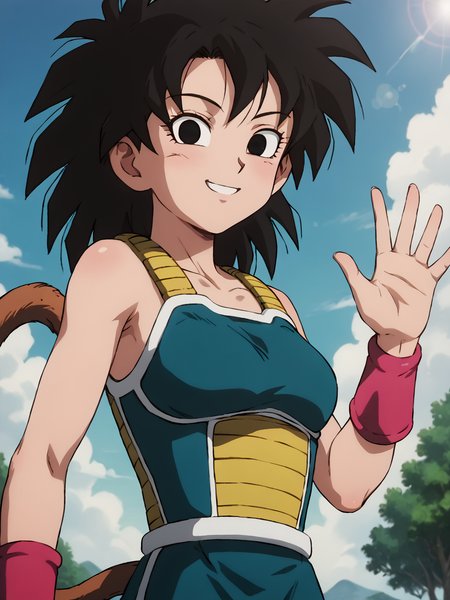 score_9, score_8_up, score_7_up, BREAK, G1n3, 1girl, solo, black hair, black eyes, spiked hair, wristband, monkey tail, saiyan armor, bare shoulders, outdoor, smile, upper body, raise left arm, day, outdoor, waving, looking at viewer, Volumetric Lighting   <lora:Gine_P:0.8>