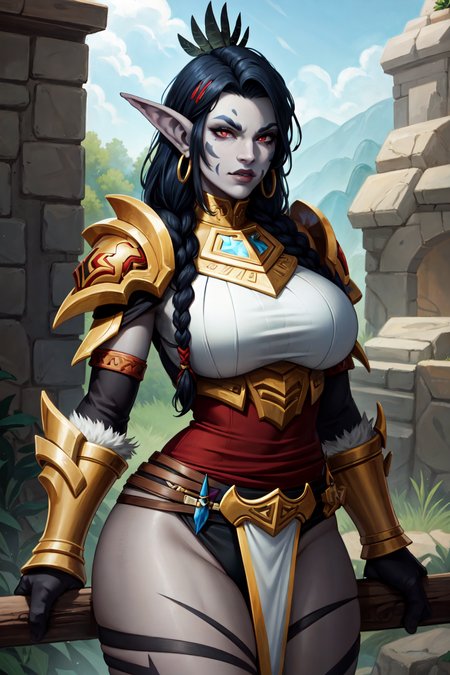 (masterpiece:1.2), (best quality:1.2), perfect face, perfect eyes, volumetric lighting, mature female shewowtroll, black hair, colorful streaks, grey skin, red eyes, huge breasts, jewelry, feathers, fur, markings, braids, tusks, breastplate, gauntlets, loin cloth, fantasy, outdoor   <lora:sxzTrollsWarcraft_sxzTrolls:0.8>