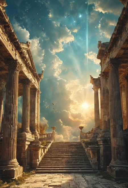 cinematic , a digital artwork inspired by Mauro Cerati's "Temple of Ascension," featuring a grand staircase leading into a celestial sky framed by ancient, majestic columns. The scene should evoke a sense of spiritual ascent, with light filtering through ethereal clouds, and include subtle elements of nature like birds in flight, to enhance the feeling of transcendence.