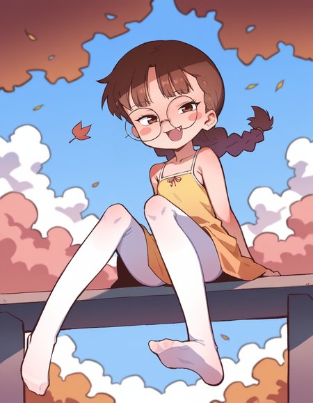 score_9, score_8_up, score_7_up, score_6_up, score_5_up, score_4_up, solo, 1girl, solo, sky, cloud, falling leaves, 
<lora:Orenji v3:1> orenji, brokisser, long hair, looking at viewer, blush, smile, open mouth, brown hair, white background, dress, bare shoulders, sitting, brown eyes, full body, braid, pantyhose, glasses, fang, twin braids, :3, blush stickers, no shoes, white pantyhose, round eyewear, yellow dress, close-up,