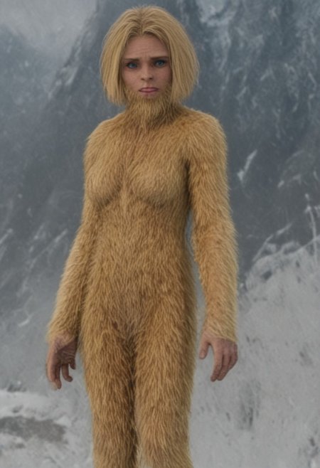 source_cartoon, cartoon_source, bigsquatch, clover \(totally spies\), blonde hair, short hair, blue eye, on a mountain, torn red bodysuit, blonde fur, female bigfoot, sasquatch, looking at viewer, breasts, sad gaze, detailed face, hairy body, detailed eyes, (detailed hands), detailed fingers, Shallow Depth of Field, hairy, FURRY BODY, yeti, (abominable snowman),  very big feet,  beard, covered in yellow fur,