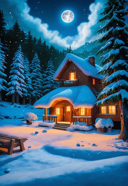 a serene winter landscape with a snow-covered forest and a frozen lake. Include a cozy log cabin nestled among the trees, with smoke rising from the chimney and warm lights glowing from the windows. Depict a family building a snowman near the cabin, with children laughing and playing. Add a gentle snowfall and a clear night sky with a full moon casting a soft glow over the scene. Use cool, calming colors to enhance the peaceful and inviting atmosphere.
 <lora:add-detail-xl:1>
 <lora:Dynamic Poses:1>
