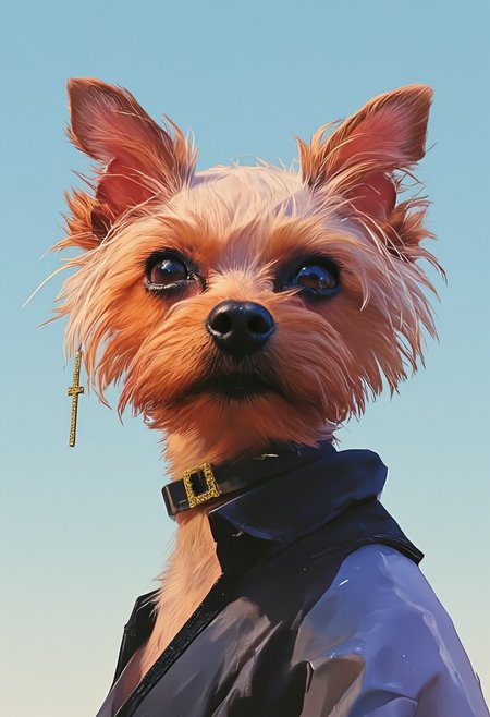 A hyper-detailed, avant-garde photograph featuring a striking Yorkshire Terrier named Allab with pale light brown fur, set against a serene, clear blue sky. The close-up shot accentuates the impeccable texture of its coat, enhanced by iridescent striped markings that stretch elegantly from one side of its face to the other, adding an artistic flair. Allab's eyes are mesmerizing, accented by shimmering metallic details that complement a bold, deep red color on its muzzle, creating a dramatic contrast with the pale fur. Large, intricately designed golden ear accessories shaped like Christian Holy Crosses gleam as they catch the light, contributing to Allab’s modern, sophisticated allure. The dog wears sleek, metallic urban Buddhist monk attire with a turtleneck that underscores its avant-garde aesthetic. The reflective surfaces of both the accessories and outfit interact dynamically with the environment, amplifying Allab’s futuristic presence. The minimalist background keeps the focus on this striking fashion-forward scene, captured with a Sony A7R IV camera and a 50mm f/1.2 G Master lens for an editorial-style shot. This composition merges contemporary fashion and minimalist elegance, drawing inspiration from avant-garde photographers like Sølve Sundsbø and blending mythp0rt and niji_flux styles into a high-fashion visual narrative.