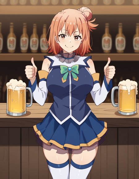score_9, score_8_up, score_7_up, source_anime, <lora:yui-yuigahama-s2s3-ponyxl-lora-nochekaiser:1>, yui yuigahama, short hair, brown eyes, orange hair, hair bun, single hair bun, large breasts,, <lora:aqua-cosplay-ponyxl-lora-nochekaiser:1>, aqua cosplay, aqua (konosuba) (cosplay), skirt, shirt, thighhighs, bare shoulders, detached sleeves, white thighhighs, blue skirt, blue shirt, green bow,, bar, beer, beer mug, thumbs up, smile, smug, holding beer mug,,