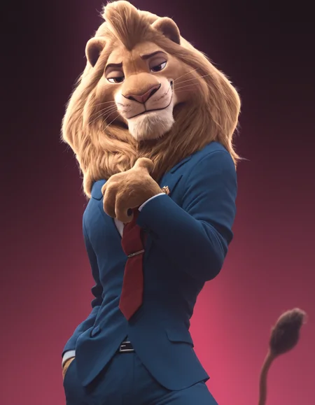 zootopia artstyle,
masterpiece, best quality,
pinup pose, looking at viewer, perfect face, colorful, dramatic angle, unique perspective, unique angle, detailed, intricate details, highres, absurdres, smile, on stage, furry male, solo, lion, lionheart, red necktie, lion tail, whiskers, brown eyes, blue suit, white shirt, brown fur, smug, cowboy shot, closed mouth
<lora:Zootopia_Art_Style_ill_3D:0.95>âââ