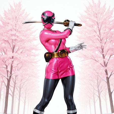 masterpiece, best quality, very aesthetic, absurdres,samurai_sentai_shinkenger, anime,
BREAK 1_girl, solo, shinken_pink(pink bodysuit, pink miniskirt, uniform,  white gloves, black pantyhose, ), shinken, holding sword, action pose, sakura tree background,
BREAK <lora:AKinuNishimura_Style:1.0>, <lora:Smooth_Booster_v2:0.6>, good hand, <lora:Power_ranger_samurai__Illustrious:1>
