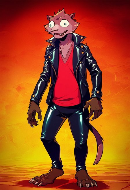 score_9, score_8_up, score_7_up, score_6_up, 
 <lora:Weasel_-_Creature_Commandos:1> cc_weasel, 1boy, solo, furry male, brown fur, tail, claws, bug eyed, leather jacket, chaps,