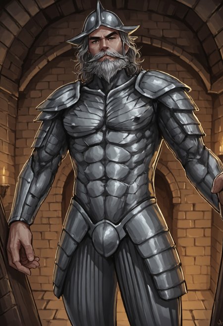 safe_pos, safe_pos, score_9, score_8_up, rating_nsfw, ultra hd, absurdres, best quality, best aesthetic, masculine, hand with five fingers, solo, 1boy, male focus, perfect proportions, erotic, mature male, WolfConF,

F&HFrancois, facial hair, armor, beard, silver, dungeon background, looking at viewer, half body view, dutch angle, armor, Expressiveh
