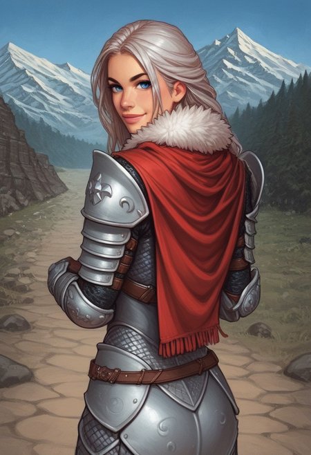1girl, ((back view))), looking at viewer, highly detailed, from front, 1girl, highly detailed, skinny, looking at viewer, 1girl, masterpiece, best quality,
raw, masterpiece, extremely detailed, hyperrealism, photo, perfect anatomy, magnificent young warrior, full body, dramatic lighting, shadow play, romantic, heroism, epic, determination, proud, eternal beauty, detailed face, very long hair, very dark brown hair, beautiful blue eyes, battlefield background, massive plate armor, masculine body, muscular, heavy arms armor, red cape, fur collar, sword, BREAK
slight smile, looking at viewer, fur coat, dynamic pose,
BREAK 
long hair, silver hair, hair over one eye, blue eye, big hair, dynamic pose
BREAK 
best quality, depth of field, bokeh, (((full clothed))),  ((ready to fight, holdind big sword in hands, big two-handed sword in hands)), highlander
BREAK 
(((((snow, stones,  mountains))))) score_9, score_8_up, score_7_up, score_6_up, source_cartoon, rating_explicit, Expressiveh, (((((upper body))))), dynamic pose