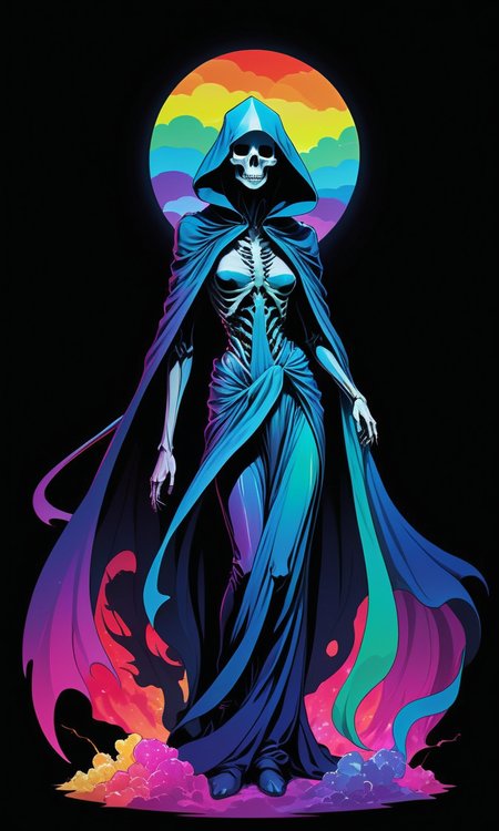 rainbow colored silhoutte outline against a dark background,a female reaper,anime,magical fantasy,universe,inspired by Maria Kreyn,Crystal,inverted,negative space,