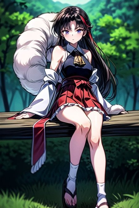 masterpiece,  best quality 1girl Setsun4 solo long hair,  (night time) forest background black hair very long hair purple eyes multicolored hair armor (fur trim) (medium body),<lora:EMS-179-EMS:0.800000>,<lora:EMS-293862-EMS:0.800000>ascot, bare shoulders, black footwear, detached sleeves, embellished costume, frills, japanese clothes, nontraditional miko, red skirt, sandals, sarashi, skirt, socks, armor, miko