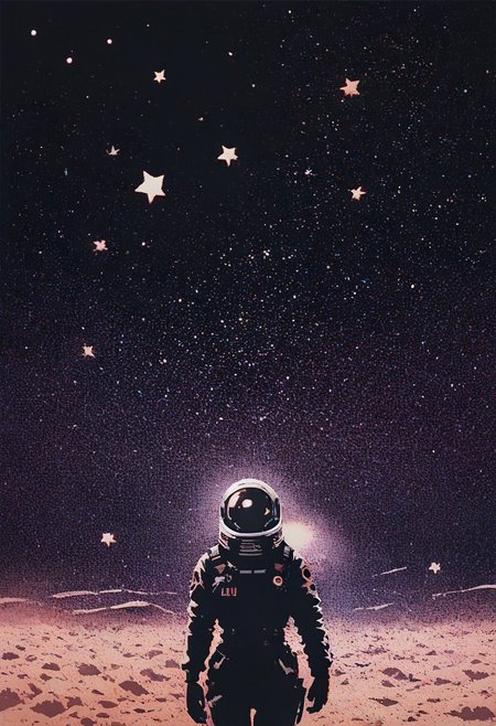 score_9, score_8_up, score_7_up, astronaut, walking on the moon, stars, galaxy, planets, dark background, front view, fog, cowboy shot, dcr34sed_c0l0ring