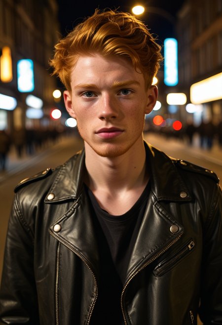 street photography portrait of a ginger 19yo young adult man, very detailed, ruggedly handsome with stubble, leather jacket, detailed face, busy public street at night, dramatically lit, <lora:sdxl_lightning_8step_lora:1>