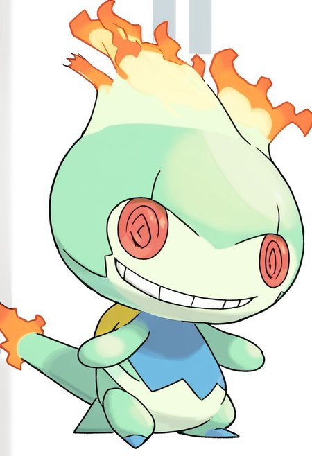 score_9, score_8_up, score_7_up,Create an image of a whimsical, cartoonish chibi grass/fire-type creature. It should possess a dynamic and balanced profile composition, centered with ample negative space around it. The creature should have a verdant green body with fiery red-orange leaf-shaped accents, resembling flames, along its back and tail. Its tail should end in a flicker of yellow and red flame, implying movement as if it's ready to ignite at any moment. Its facial features should include wide, expressive eyes with flame-colored irises and a mischievous smile that reveals tiny, pointed white teeth. Small, leafy appendages should sprout from its cheeks, and its belly ought to be a lighter shade of green. The illustration should be rendered in a bold, cartoon style with clean lines of varying thickness, flat colors with simple shading to suggest a fiery vitality, and no texture to maintain a sleek, lively appearance. The background should be transparent for versatile application across various media. The overall impression should be playful yet fiery, capturing the essence of a character that could leap into the action of a game or animate the pages of a fantastical story .zPDXL