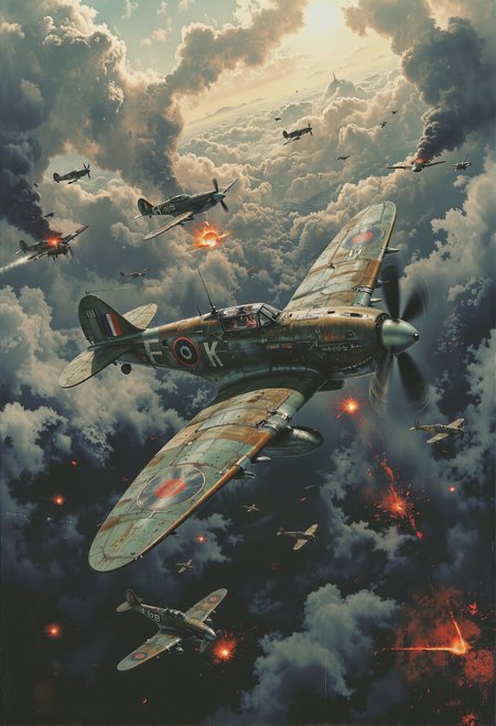 An intense, dynamic aerial dogfight scene unfolds high above the clouds. A British Spitfire dominates the foreground, banking sharply with the iconic roundel visible on its wings. The perspective captures the motion and speed as it dives through thick plumes of smoke and weaving contrails, narrowly evading enemy fire. Surrounding the Spitfire, several German fighter planes twist and turn, some trailing black smoke, showing signs of damage from the fierce battle. The sun filters through the clouds, casting dramatic shadows across the chaotic sky. The overall atmosphere is one of tension and action, with a sense of historical significance, as these iconic aircraft clash in a dramatic WWII air combat scene. <lora:The_Dark_Side_Of_The_Future.safetensors:0.13>,  <lora:n30nfilm.safetensors:0.65>,  <lora:Dieselcore_Flux.safetensors:0.7>,  <lora:Glitchcore_Flux.safetensors:0.4>,