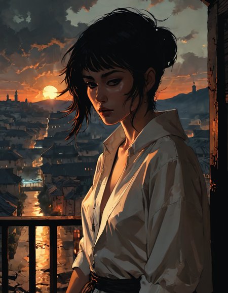 hyperrealistic fisheye lens dark and gritty impactful paint of a inverted triangle hispanic crying female alchemist wearing a lopapeysa and tom ford clothes  observing the bustle of a city from a high balcony, short ebony hair, outside in Kosovo at dawn fall, inspired by futuristic anime, dramatic cinematic rembrandt lighting<lora:The_Pulp_Session:0.90>