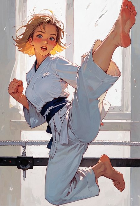 score_9, score_8_up, score_7_up, ,score_6_up, 1girl, realistic, illustration , (funny, blush:0.9), mouth open, solo focus, perfect cute face, blonde hair, toned body, medium breasts, low-key lighting style, modeling, karate gi, barefoot, (from side:0.7), dynamic, (masterpiece:1.1), (best quality:1.1), jumping kick, looking at viewer,
(jumping kicking:1.1),in gym, martial arts,