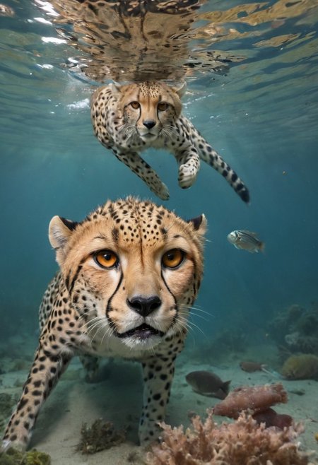 a cheetah swimming underwater with fish surrounding it