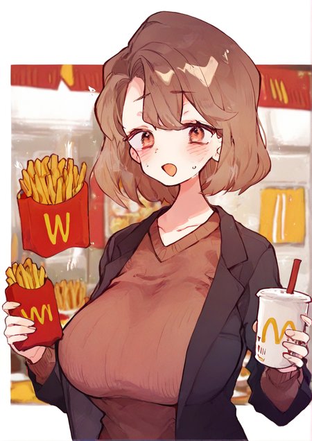 <lora:rimukoro:1.2>,1girl, huge breasts, black jacket, brown eyes, brown hair, brown sweater, cup, fast food, food, french fries, holding, holding cup, jacket, looking at viewer, open mouth, short hair, solo, sweatdrop, sweater, upper body, very awa, masterpiece, best quality,highres, absurdes,amazing quality