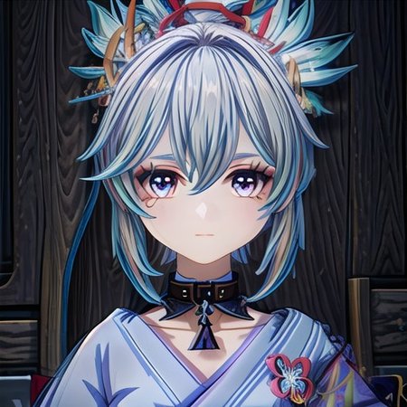 GenshinAvatar, (a girl with long light blue hair in a braided ponytail with a flower hairclip on it hair has split bangs, and blue eyes eyes,hydro character,hydro inazuma vison,wearing a blue kimono with a collar,outfit with blue charms and gems.:1.4), highly_detailed, illustration, portrait, (((masterpiece))),(((bestquality))), (black_background:1.4), simple_background, <lora:GenshinAvatarV2:1>
