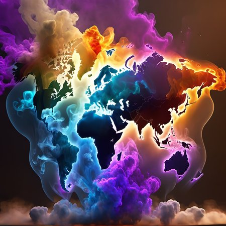 smokeart,smoke, smoked world map, colored continents,  <lora:Smoke_Art_final:1>, portrait of a CGI animation character, magical background, bright natural lighing, backlighting, professional studio quality, looking at camera, large round cute detailed eyes, detailed, cute, adorable, intricately detailed, fantasy art, digital painting