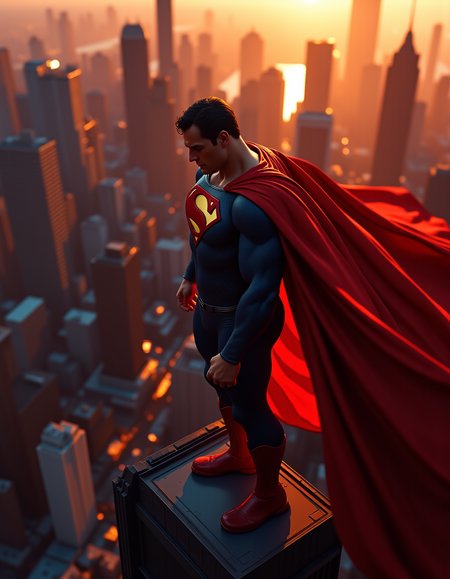 A superhero photograph capturing Superman standing on top of a skyscraper during twilight. The image is shot in stunning ultra-high definition with an absurd resolution of 64000 x 32000 pixels, resulting in highly detailed textures and intricate details. The composition style utilizes leading lines created by the city's architecture to guide the viewer's eye towards Superman, who is poised for flight with his cape flowing in the wind.