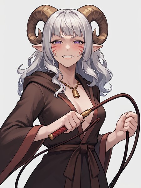 <lora:whip:0.8> holding_whip, holding weapon, whipping, whip,source_furry, score_7_up, rating_safe, cowboy shot, gold necklace, tiefing, short pointed ears, brown horns, (a pair of brown sheep Horns that begin at her temples and curve back: 1.5), bangs, long silver hair long wavy hair, pale skin, <lora:whisker_markings:0.8>red whisker_markings ,short pointy ears, purple eyes, <lora:age_slider_v4:0.6>   medium breasts, skinny female, close up, silver hair, <lora:Tieflingnew weird fantasyDND:0.3> Tiefling, pointed ears, horns, half-closed eyes<lora:Smooth Style 2 SDXL_LoRA_Pony Diffusion V6 XL:0.5> bell, robe, hood off, grin, blush, fighting stance,
