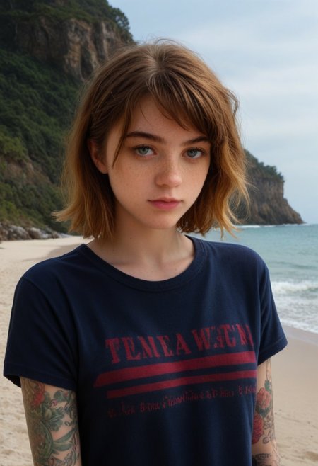 andrea, 1girl, solo, rating_safe, beach, upper body, t shirt, jeans, arm tattoo, freckles