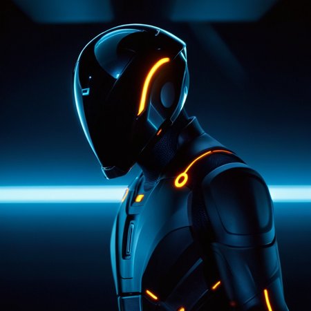 cinematic film still of <lora:add-detail-xl:0.1>1
<lora:detailed:0.3> realism
<lora:perfection style:0.2> perfect
<lora:eyetune:0.6>
<lora:xl_more_art-full_v1:0.1>
<lora:Ron Fricke style:0.3>
<lora:Unreal Engine style:0.3>
<lora:TeethXL:0.3>
<lora:Chiaroscuro Lighting Style:0.3> Chiaroscuro Lighting Style
 <lora:Tron style:1>
In a futuristic sci-fi glowing world a man in a futuristic suit with a glowing blue light,solo,simple background,1boy,upper body,male focus,from behind,bodysuit,glowing,helmet,black background,science fiction , action movie themed, science fiction movie themed, sharp, detailed, epic cinematic photography, artistic, dramatic light, cinematic color style, Kodak film style, Tron style, shallow depth of field, vignette, highly detailed, high budget, bokeh, cinemascope, moody, epic, gorgeous, film grain, grainy