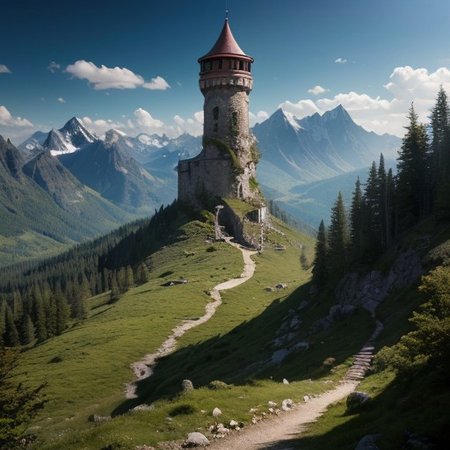 realistic analog photo, award winning photo, vary wide shot of magic stone witow tower on a Mountain peak, (Military watchtower), scenery,  fantasy, Mountain top, path, nature, outdoors, RAW, highres, 8k, uhd, High Dynamic Range, tonemapping, crisp details,