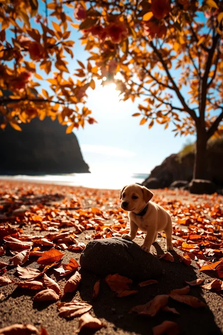 beautiful fantasy landscape photography, photo, Sigma 16 mm f/5.6, ((very detailed)), sharp focus, puppy, small rock, beach, fallen leaves, (bright sunny sky), (high contrast), cinematic (lights), backlight, (shadows), lens flare, vibrant colors, colorful, (Apricot flowers) and leaves, (lovely), (beautiful), <lora:no-blur:1 <lora:aidmaHyperrealismv0.3:0.8> aidmaHyperrealism
