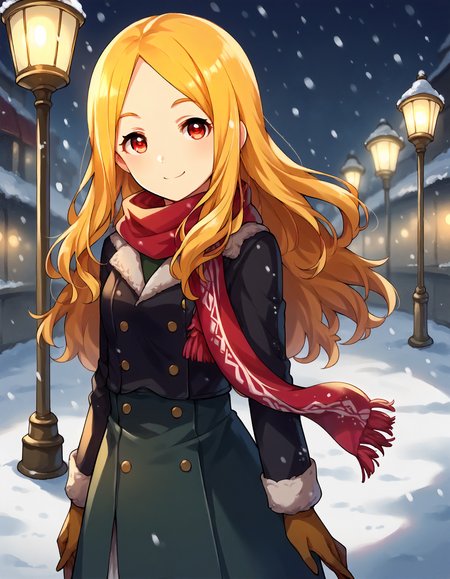 score_9,score_8_up,score_7_up,1girl,solo,cowboy shot,looking at viewer,smile,arms at sides,snowing,street lamp,
<lora:mochizukihijiri_ponyXLV6:0.8>,cgmh,
blonde hair,long hair,parted bangs,red eyes,
scarf,long sleeves,skirt,gloves