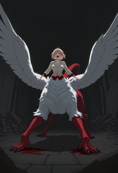 masterpiece, best quality, amazing quality, very aesthetic, absurdres, ChimeraFalin, white feathered wings, red scales, taur, centauroid, red tail, black talons, multiple legs, 1girl, solo, female focus, blonde hair, short hair, slit pupils, yellow eyes, medium breasts, white feathers, full body, looking at viewer, night, dark, perspective, ruins, stone wall, angry, open mouth, fangs, dynamic pose, white collared shirt, long sleeves, blood, blood on clothes, 