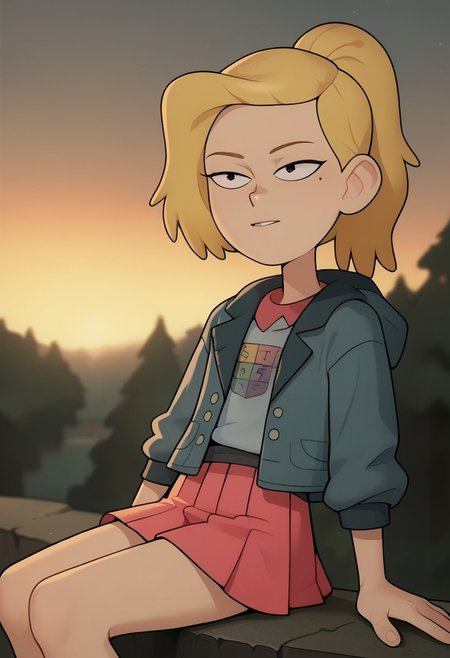 score_9, score_8_up, score_7_up, Loodncrood, 1girl, sasha waybright, blonde hair, ponytail, black eyes, mole under eye, grey hoodie, blue shirt, logo on shirt, pink skirt, pleated skirt, denim jacket, sunset, sitting on a cliff edge, trees, (perfect eyes)